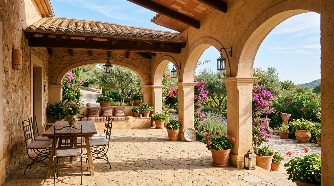Mediterranean-style patio with tiled roof cover, arches, and stone flooring.