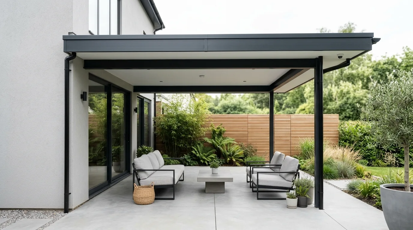 Minimalist patio with flat roof extension and clean lines.