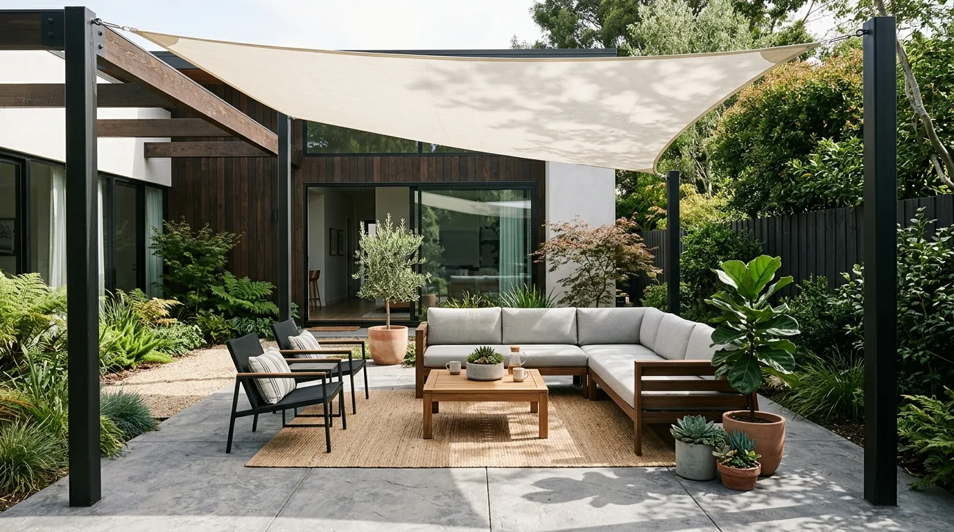 Backyard patio with sail shade canopy stretched over a seating area.