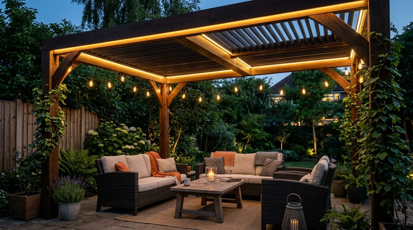 Pergola patio with integrated LED lighting and partial shade slats.