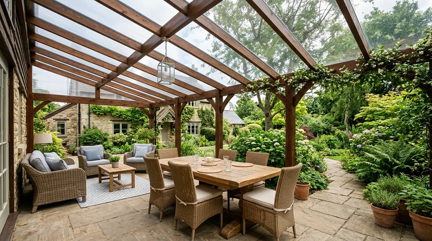 Covered patio with transparent roof panels and natural light.