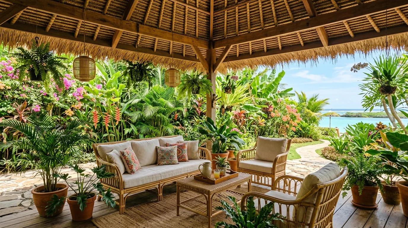 Tropical patio with thatched roof cover, rattan furniture, and greenery.