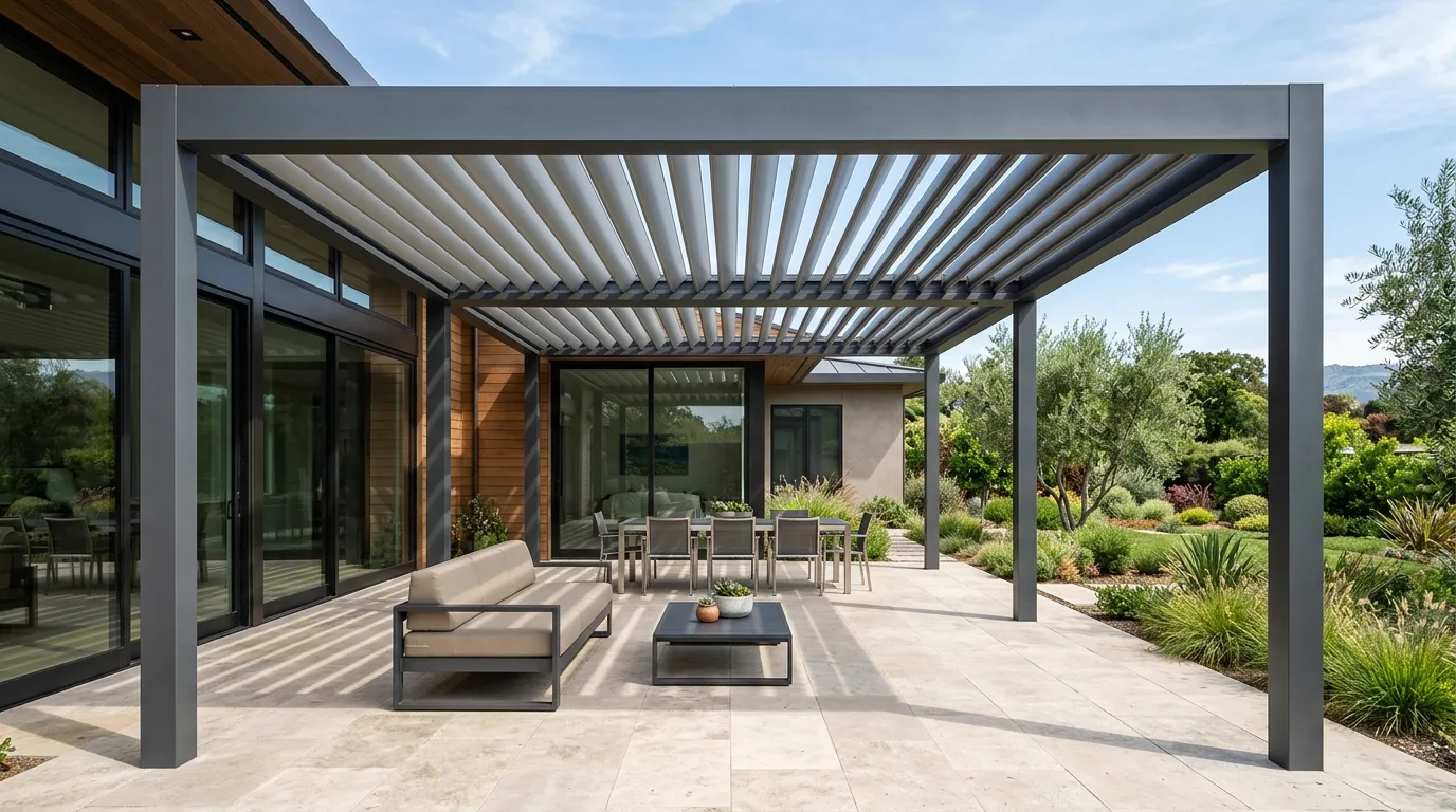 Modern steel-frame patio cover with adjustable louvers.
