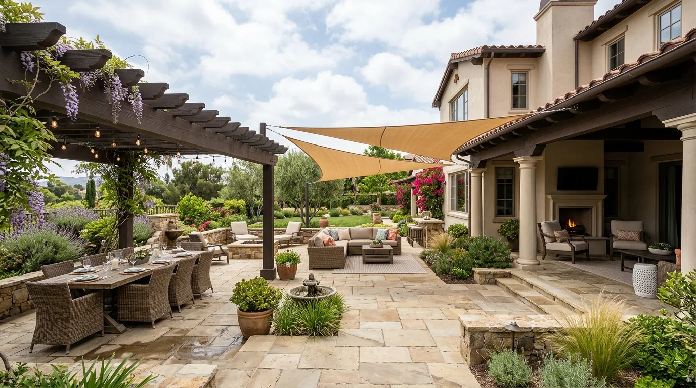 Outdoor patio showing multiple stylish cover solutions including pergola, sail shade, and roof extensions.