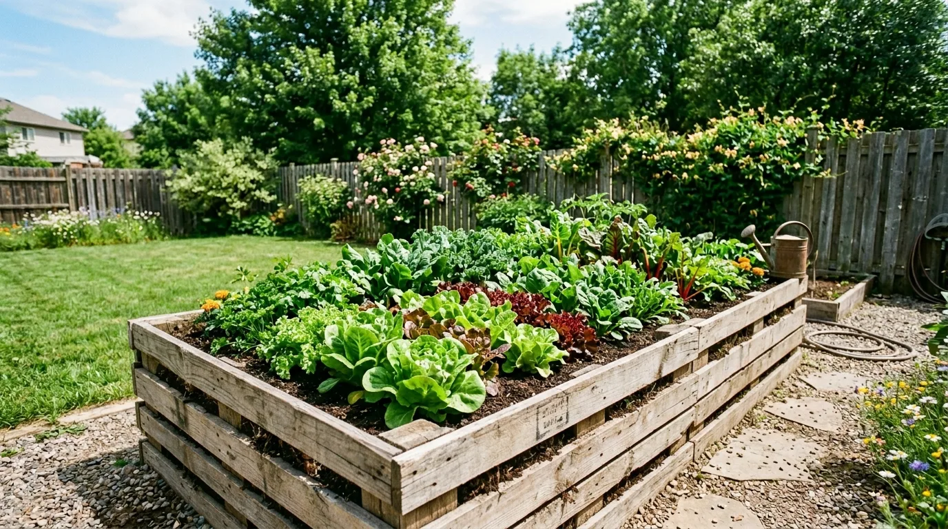Raised garden bed made from reclaimed wooden pallets in a sunny backyard.