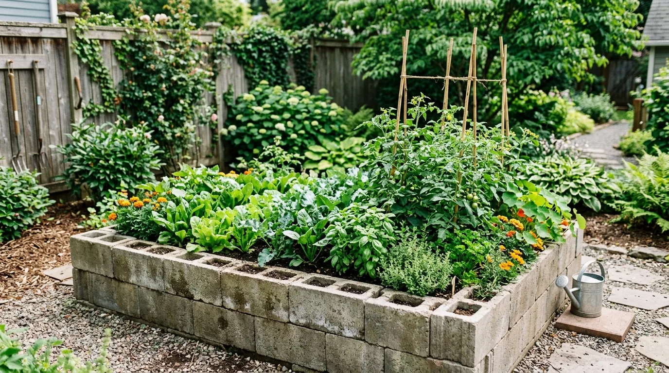 DIY raised bed built from recycled concrete blocks.