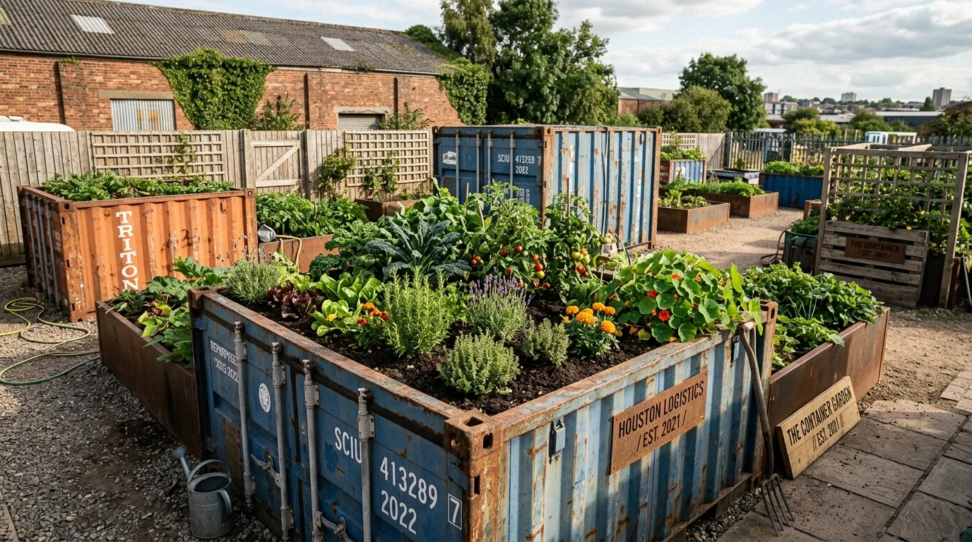 Raised garden bed made from repurposed metal containers.