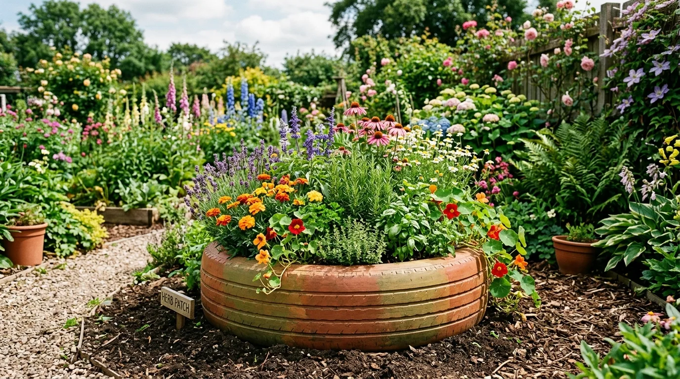 Recycled tire raised garden bed filled with flowers and herbs.
