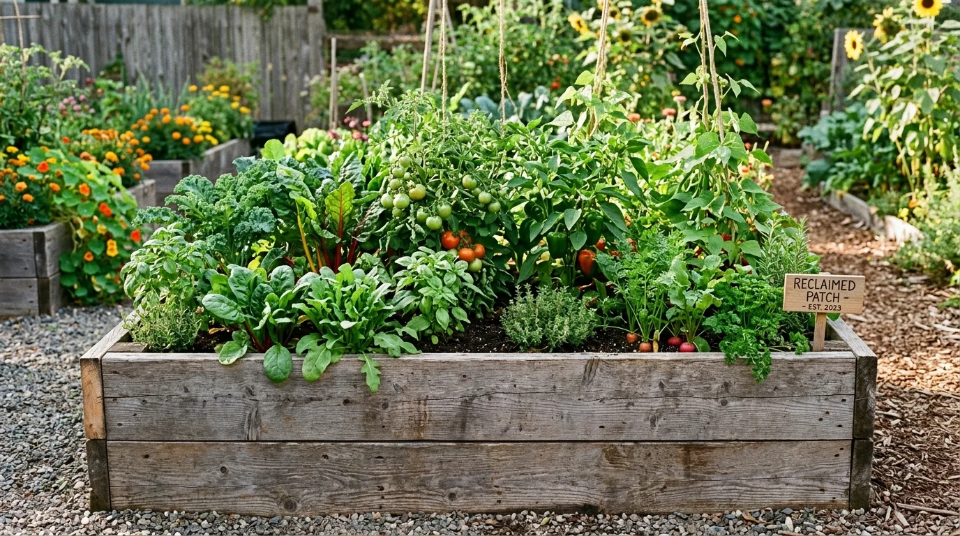 Wooden crate raised bed design using reclaimed timber and thriving vegetables.