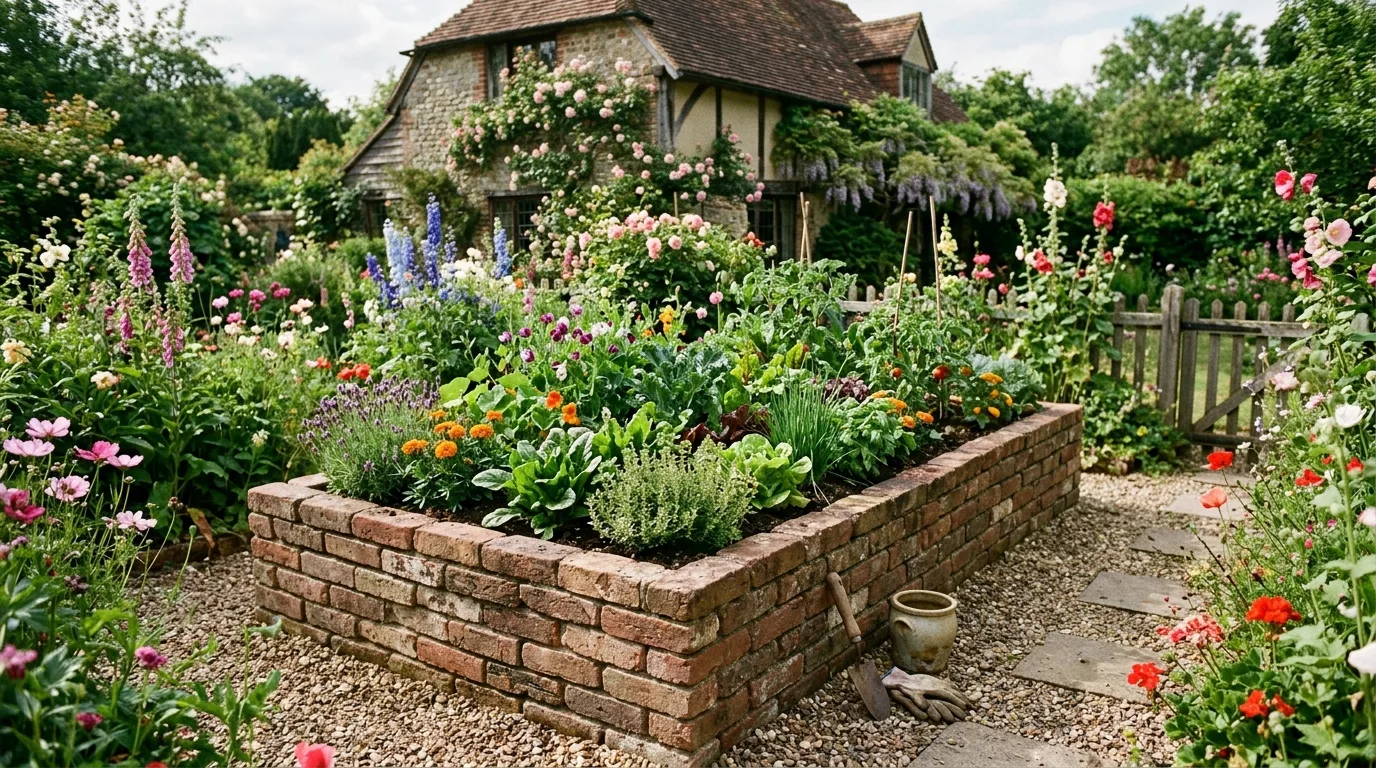 DIY raised bed made from old bricks arranged in layered patterns.
