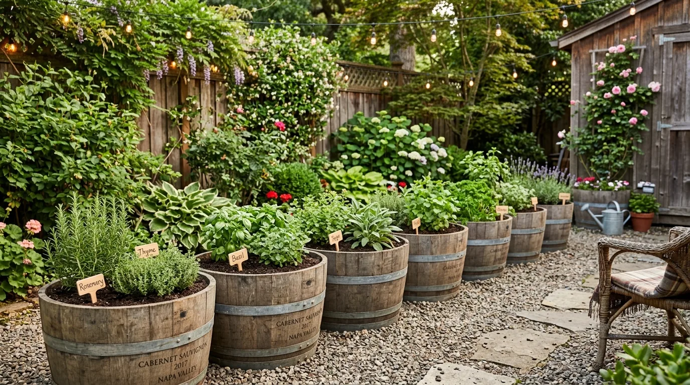 Raised garden bed using repurposed wine barrels cut in half.