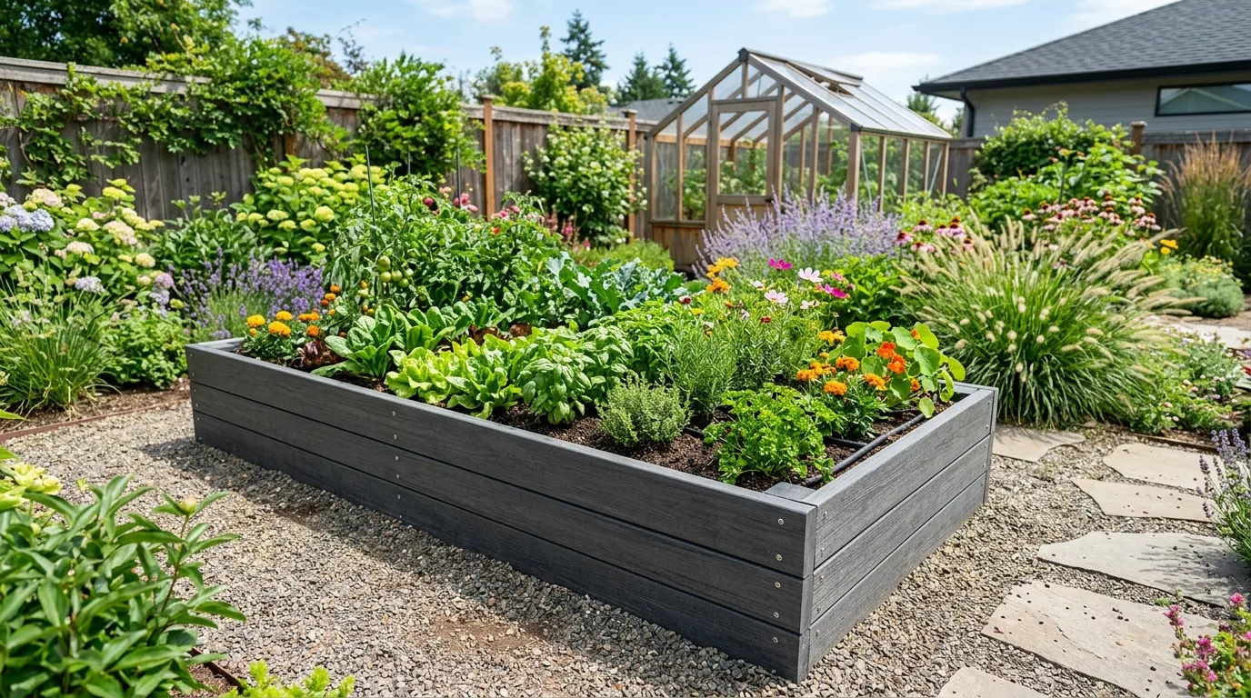 Raised garden bed constructed from recycled plastic lumber.