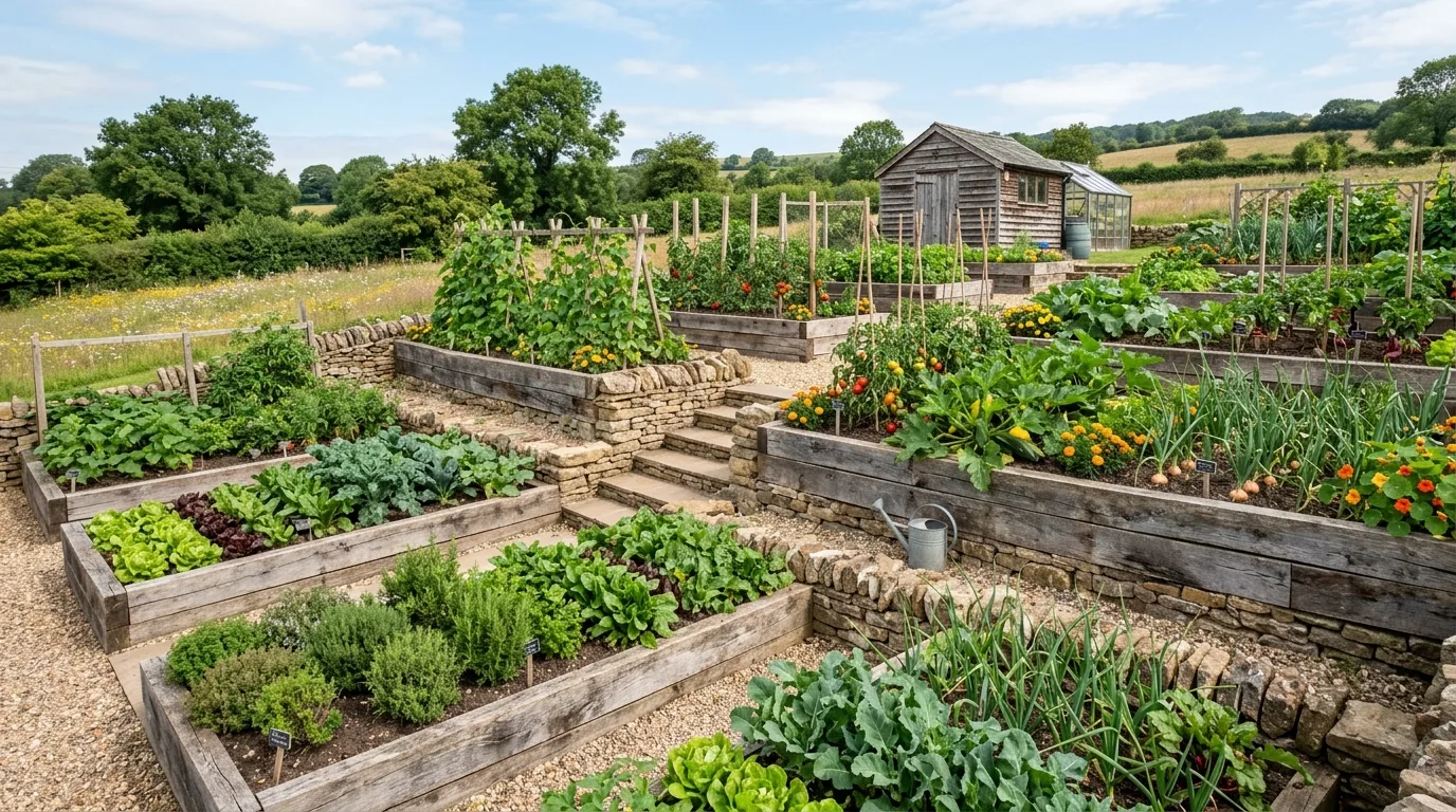 Multi-level raised bed system made from reclaimed wood and stone.