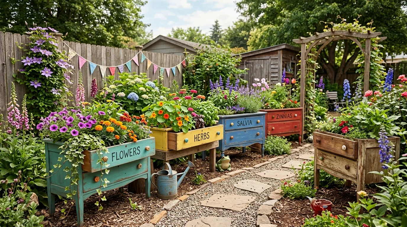 Backyard garden using old dresser drawers repurposed as raised beds.