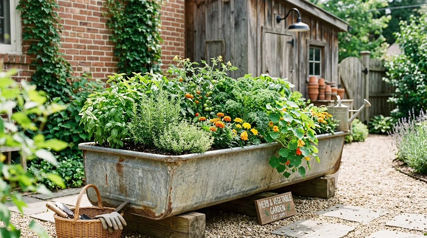 Galvanized metal trough repurposed into a raised garden bed.
