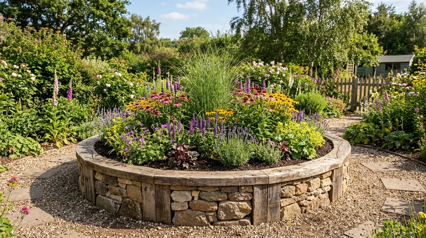 Circular raised garden bed made from recycled wood and stone materials.