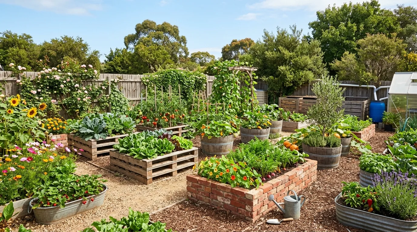 Backyard garden filled with multiple recycled raised beds made from pallets, bricks, barrels, and metal.