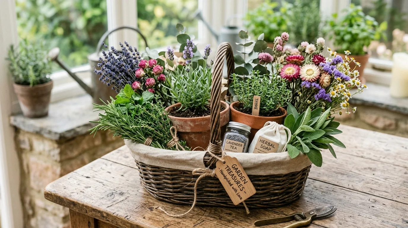 Garden-themed handmade gift basket with herbs, dried flowers, and small potted plants.