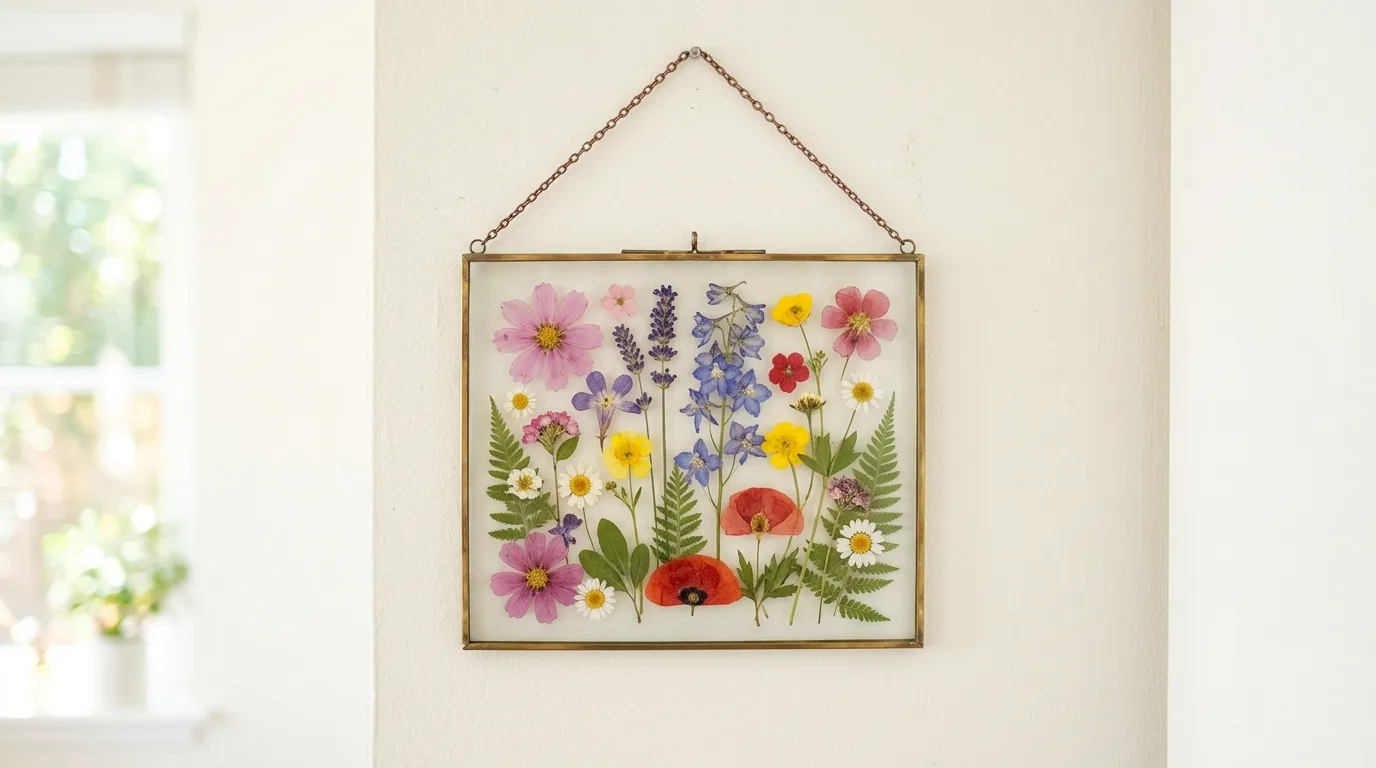 DIY pressed flower frame gift with colorful blooms arranged in glass.