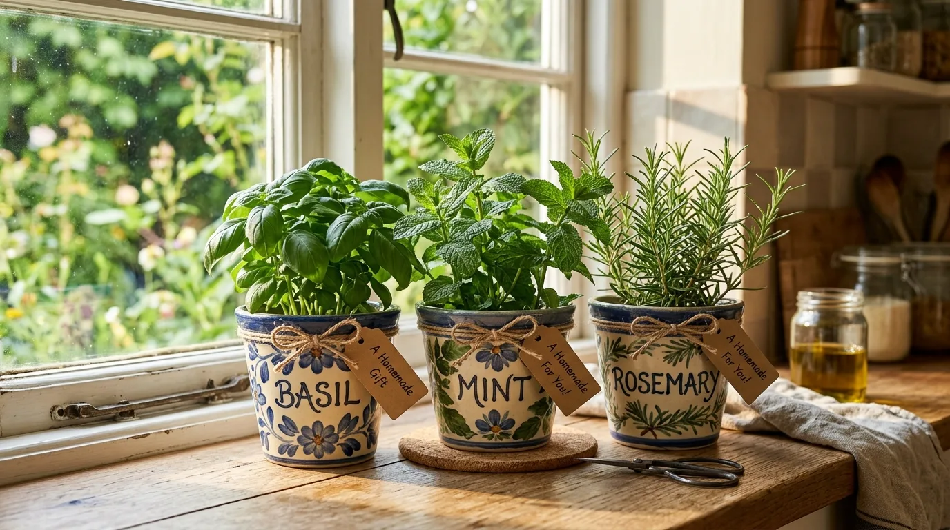 Homemade herb planter gift in decorated ceramic pots with basil, mint, and rosemary.