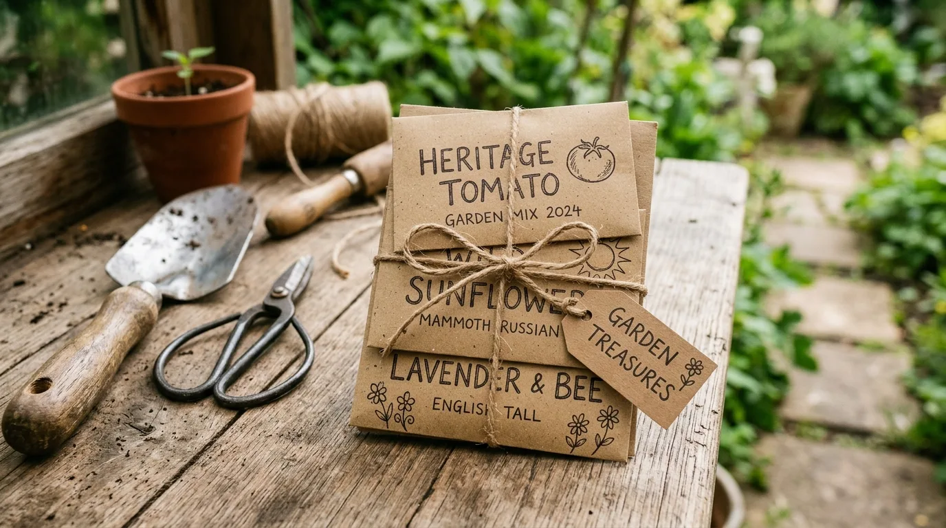 DIY seed packet gift bundle tied with twine and handwritten labels.