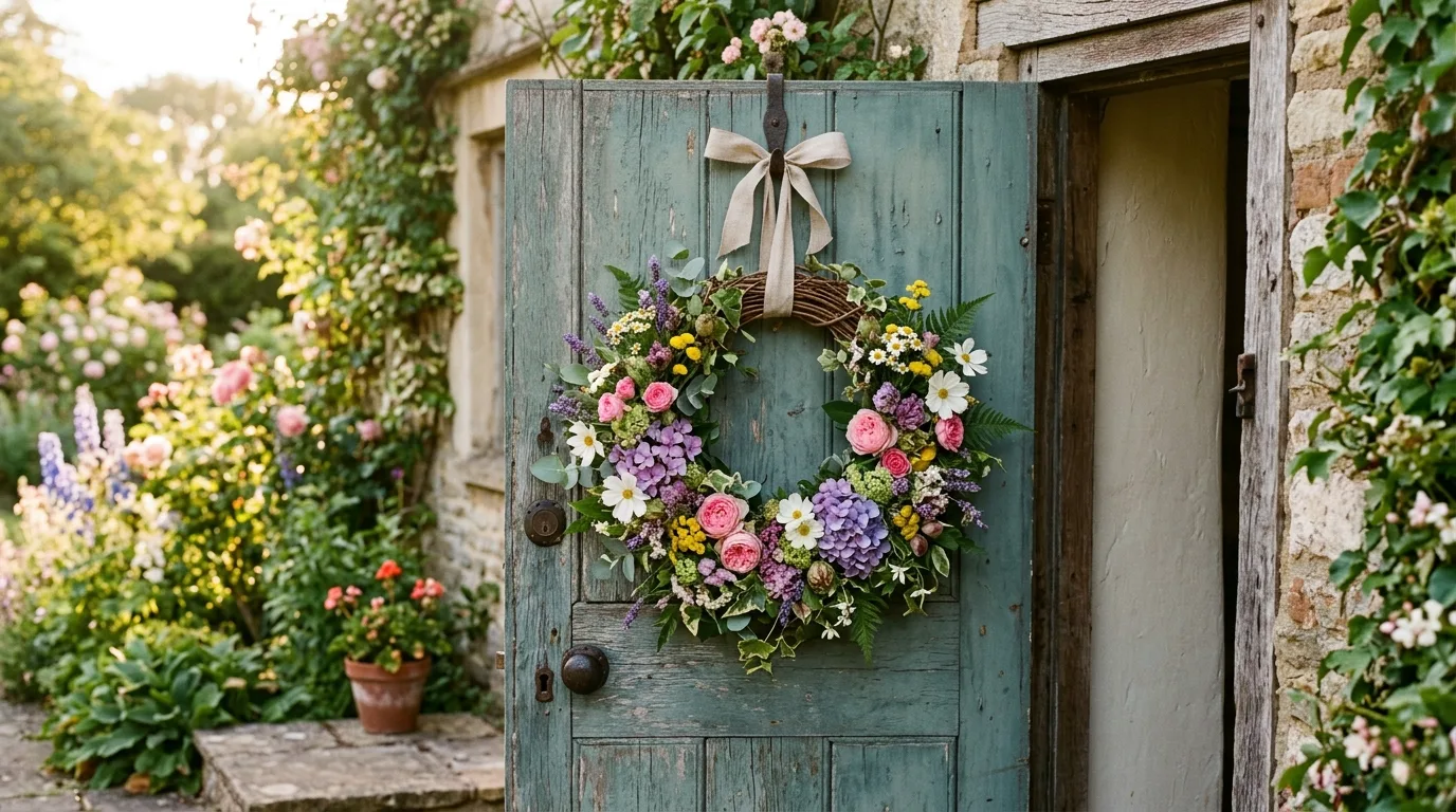 Homemade floral wreath gift made from fresh garden flowers and greenery.
