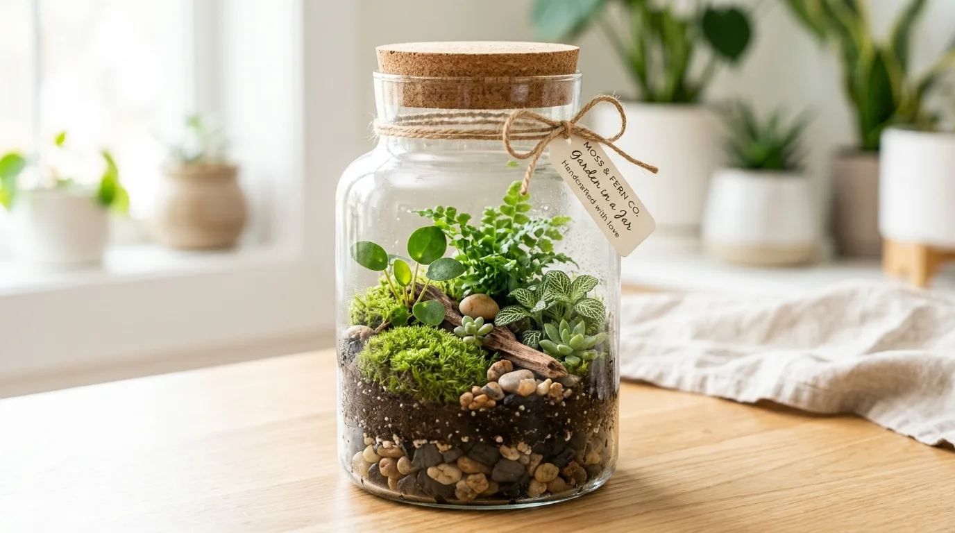 Garden-inspired terrarium gift in glass jars with moss, stones, and tiny plants.