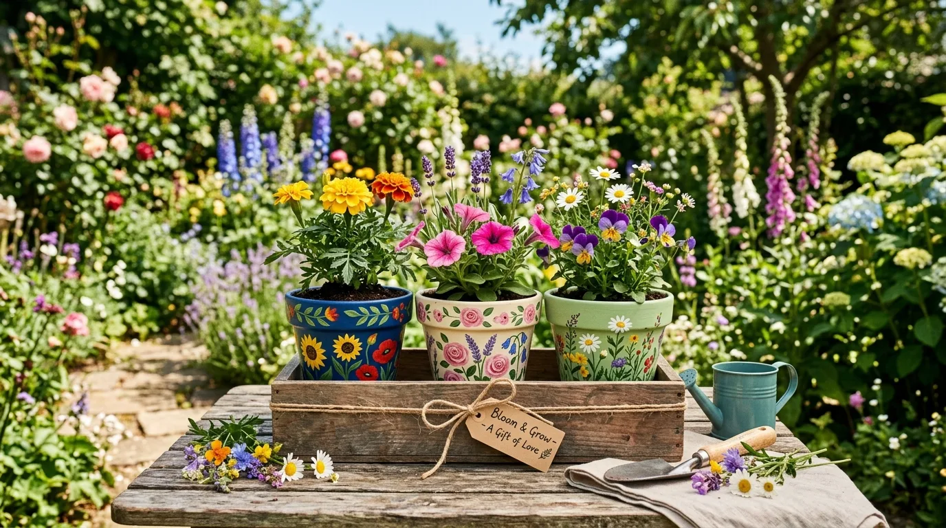 DIY painted flower pot gift set with floral designs and blooming plants.