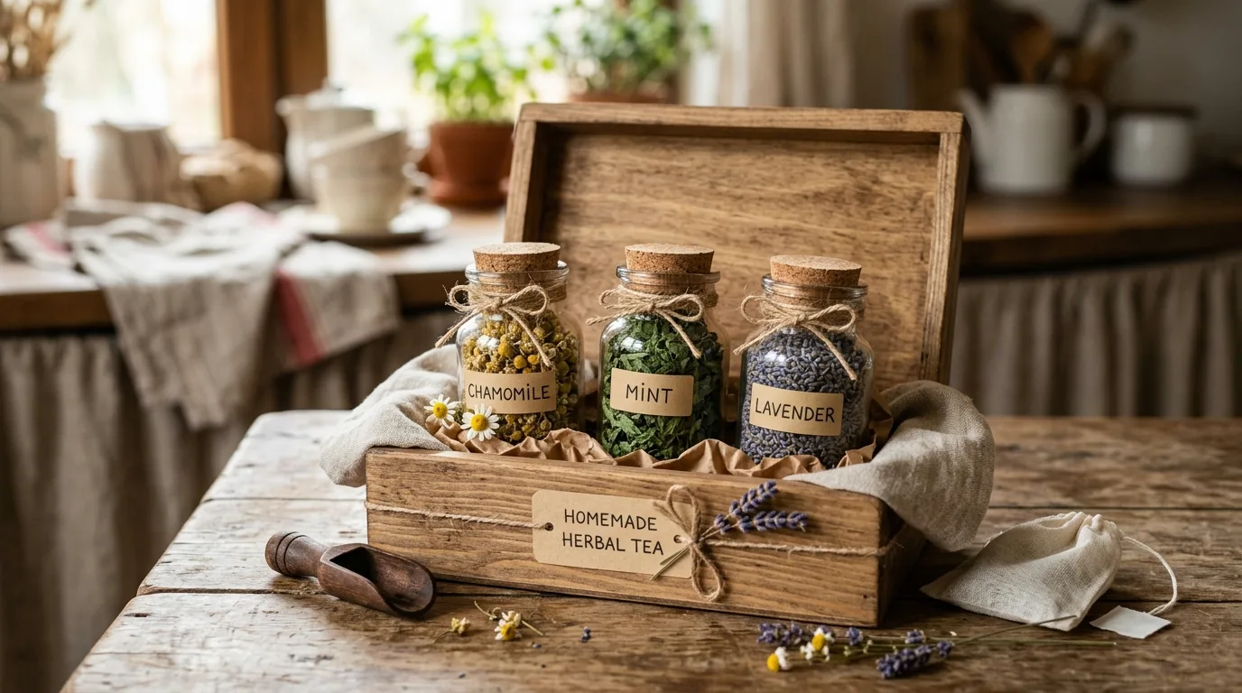 Homemade herbal tea gift box with dried chamomile, mint, and lavender in jars.