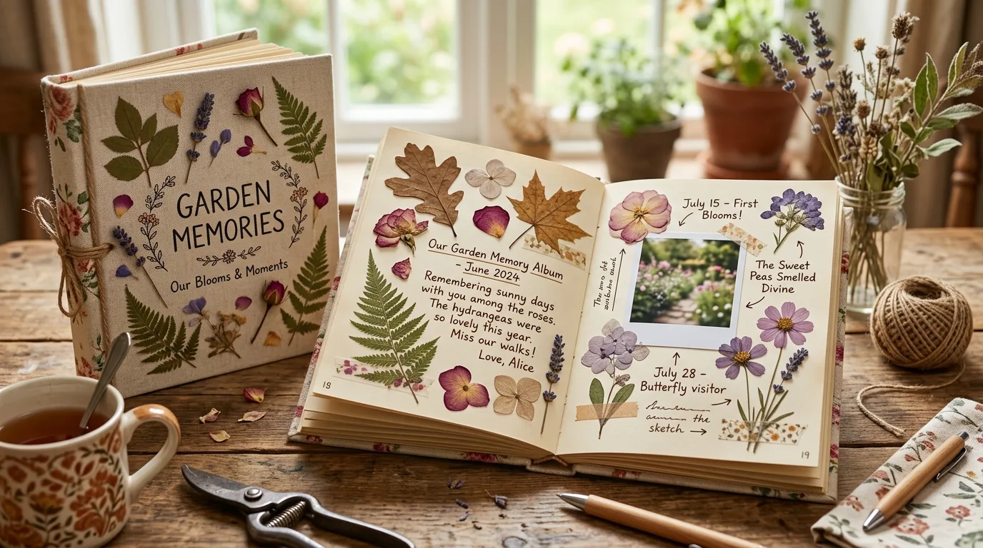 Garden memory scrapbook decorated with pressed leaves, flowers, and handwritten notes.