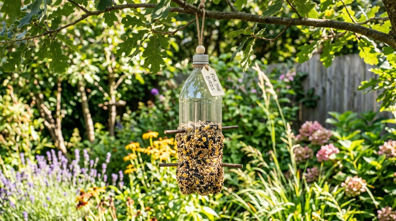 DIY bird feeder gift made from recycled materials and seeds in a garden setting.
