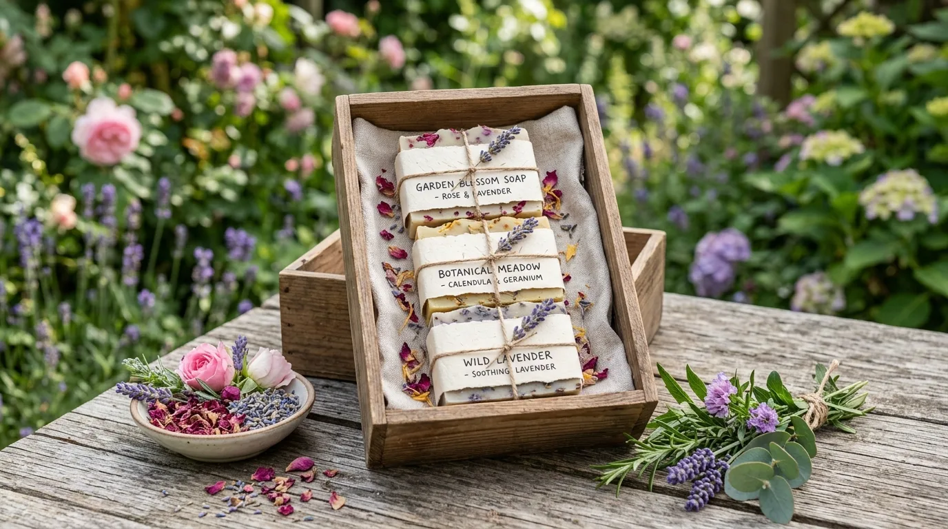 Handmade garden soap gift infused with floral scents and dried petals.