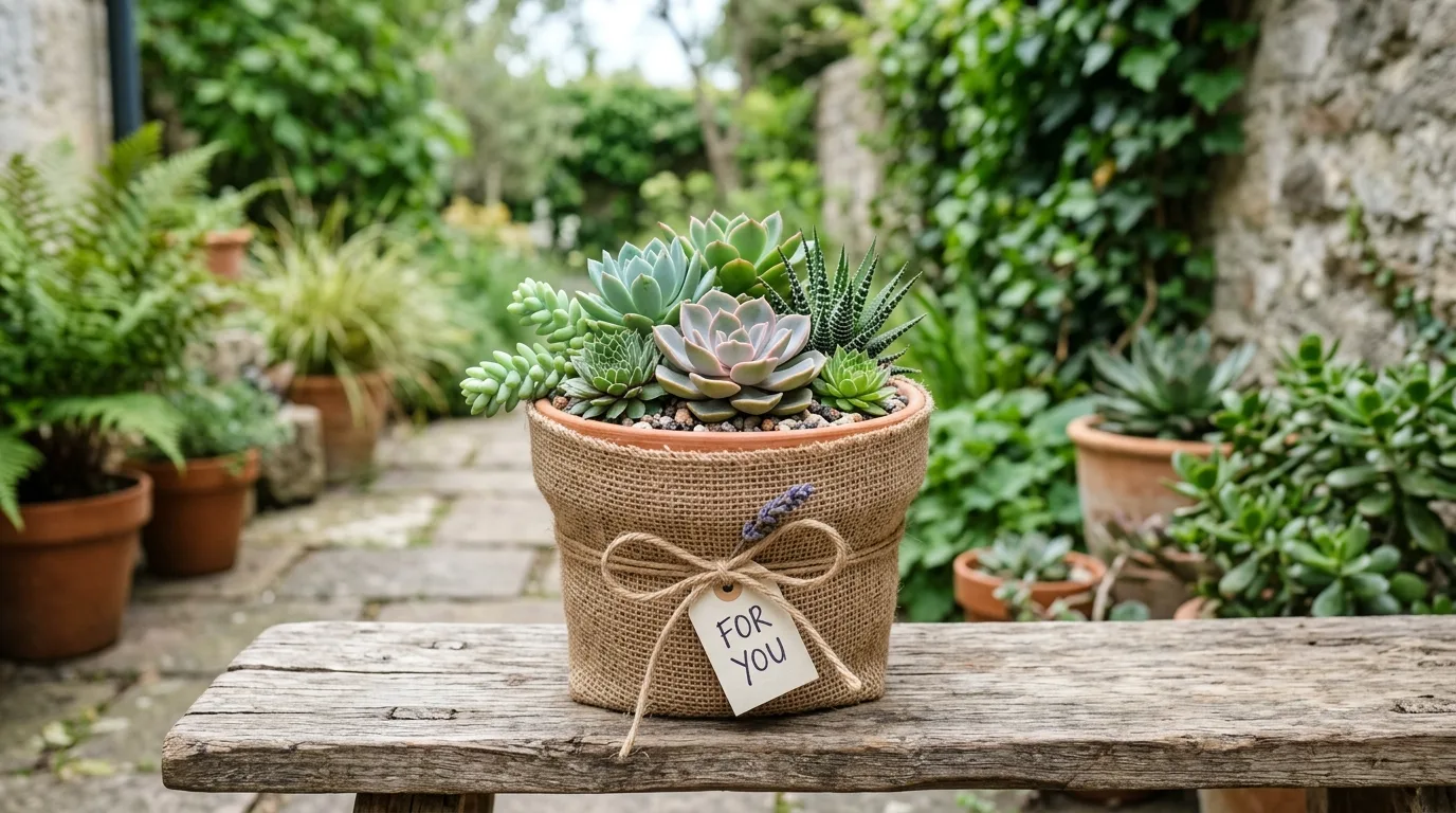 Potted succulent arrangement gift wrapped in burlap and ribbon.