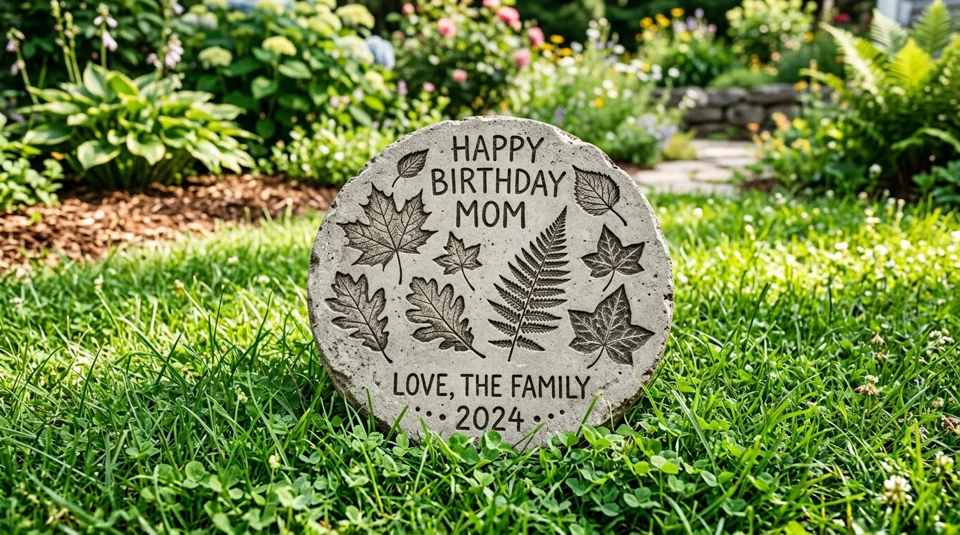 Homemade garden stepping stone gift with engraved leaf patterns.