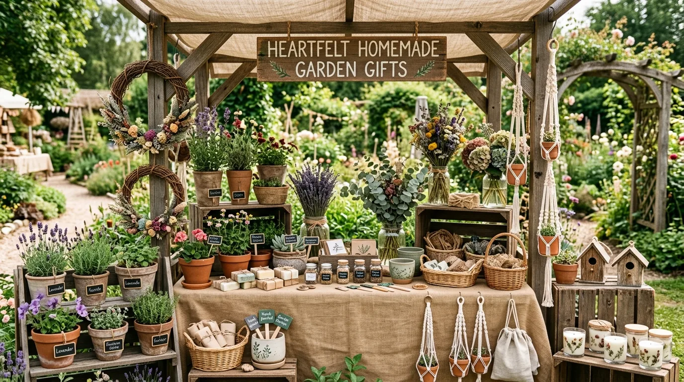 Styled collection of heartfelt homemade garden gifts including plants, crafts, and floral items.