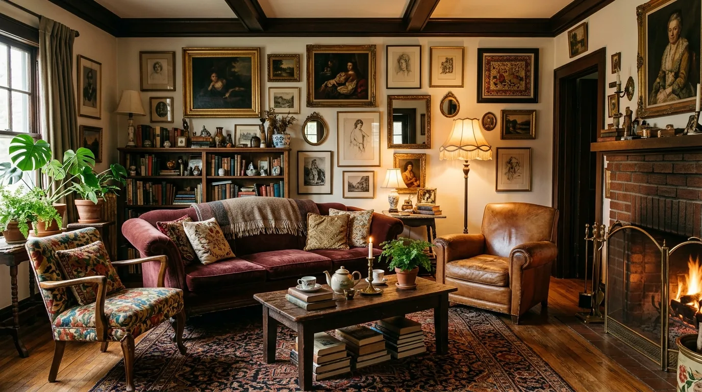 Vintage eclectic living room with antique velvet sofa, Persian rug, and layered wall art.