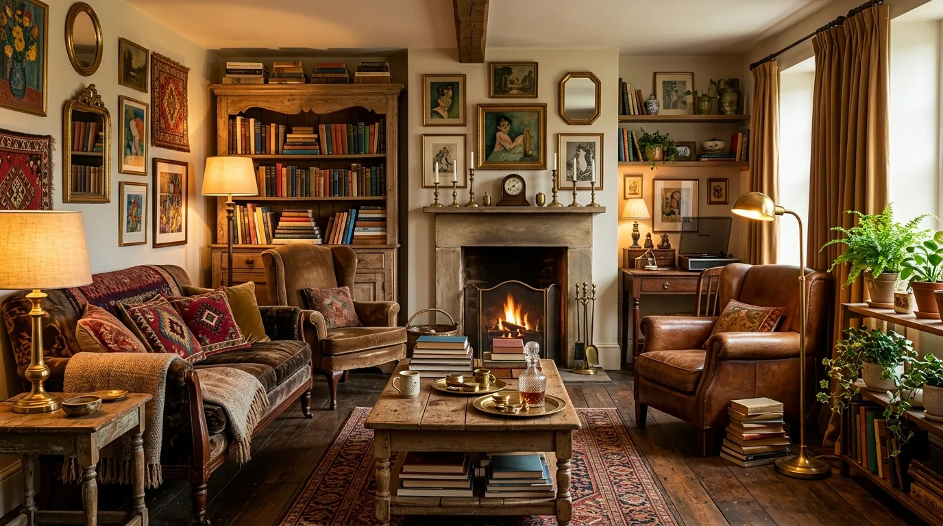 Living room with vintage wooden furniture, colorful eclectic decor, stacked books, and brass accents.