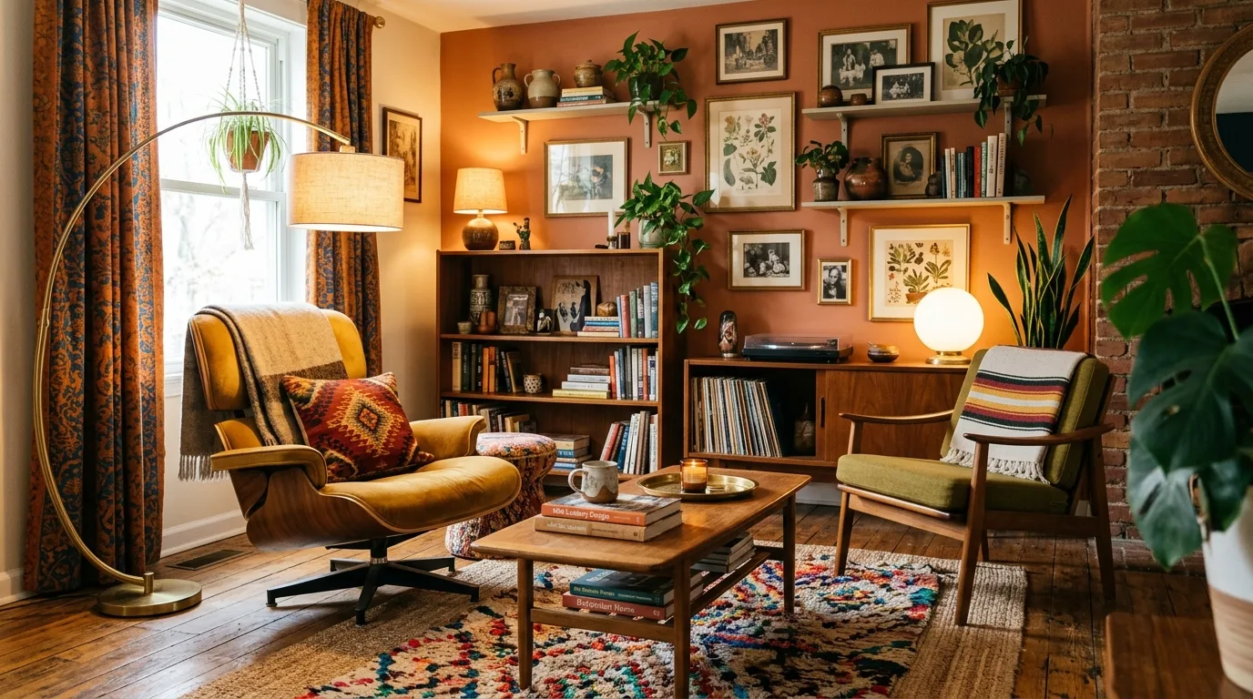 Eclectic living room with mid-century chairs, retro lamps, and bohemian textiles.