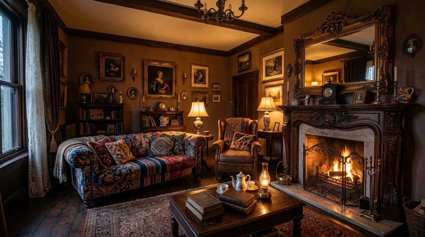 Vintage living room with an ornate fireplace, antique mirror, and mixed patterned upholstery.