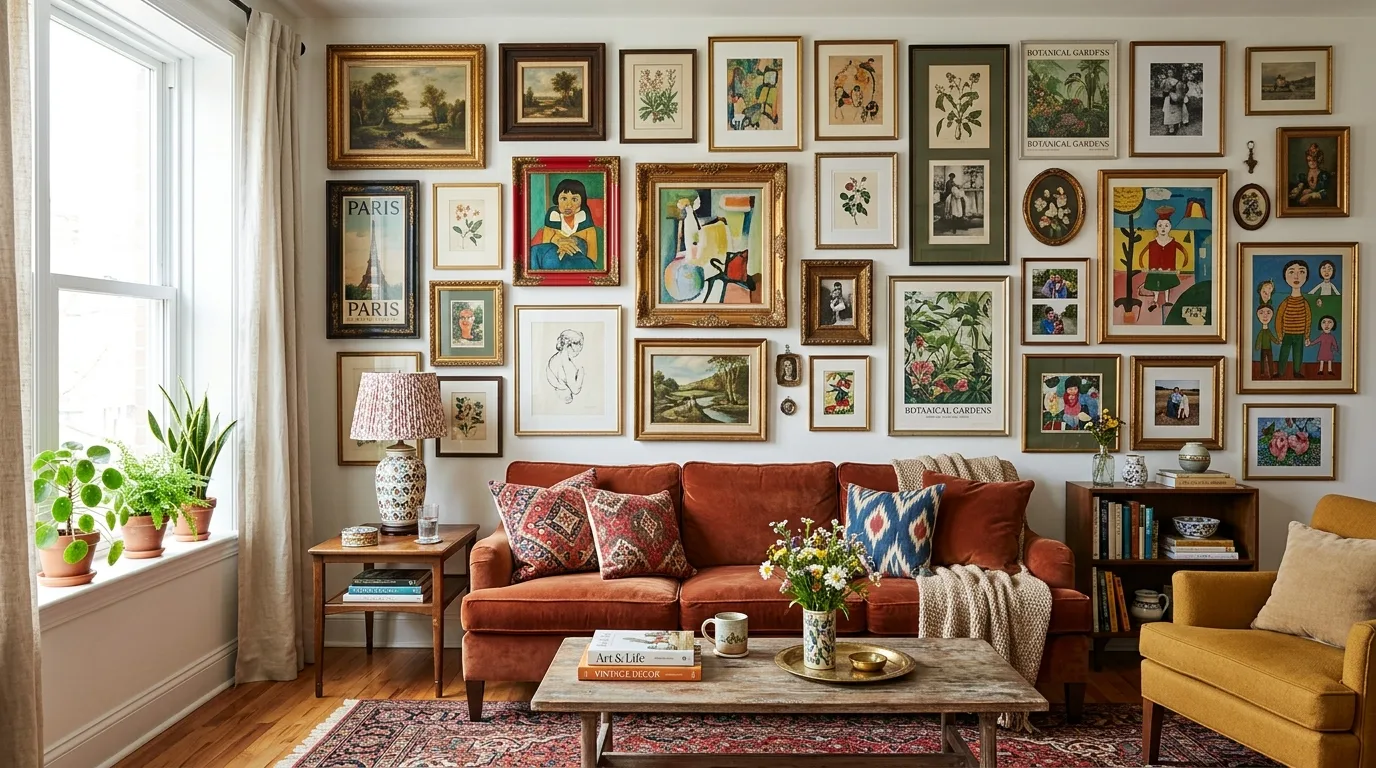 Eclectic interior with a bold gallery wall of mismatched frames and vintage art.