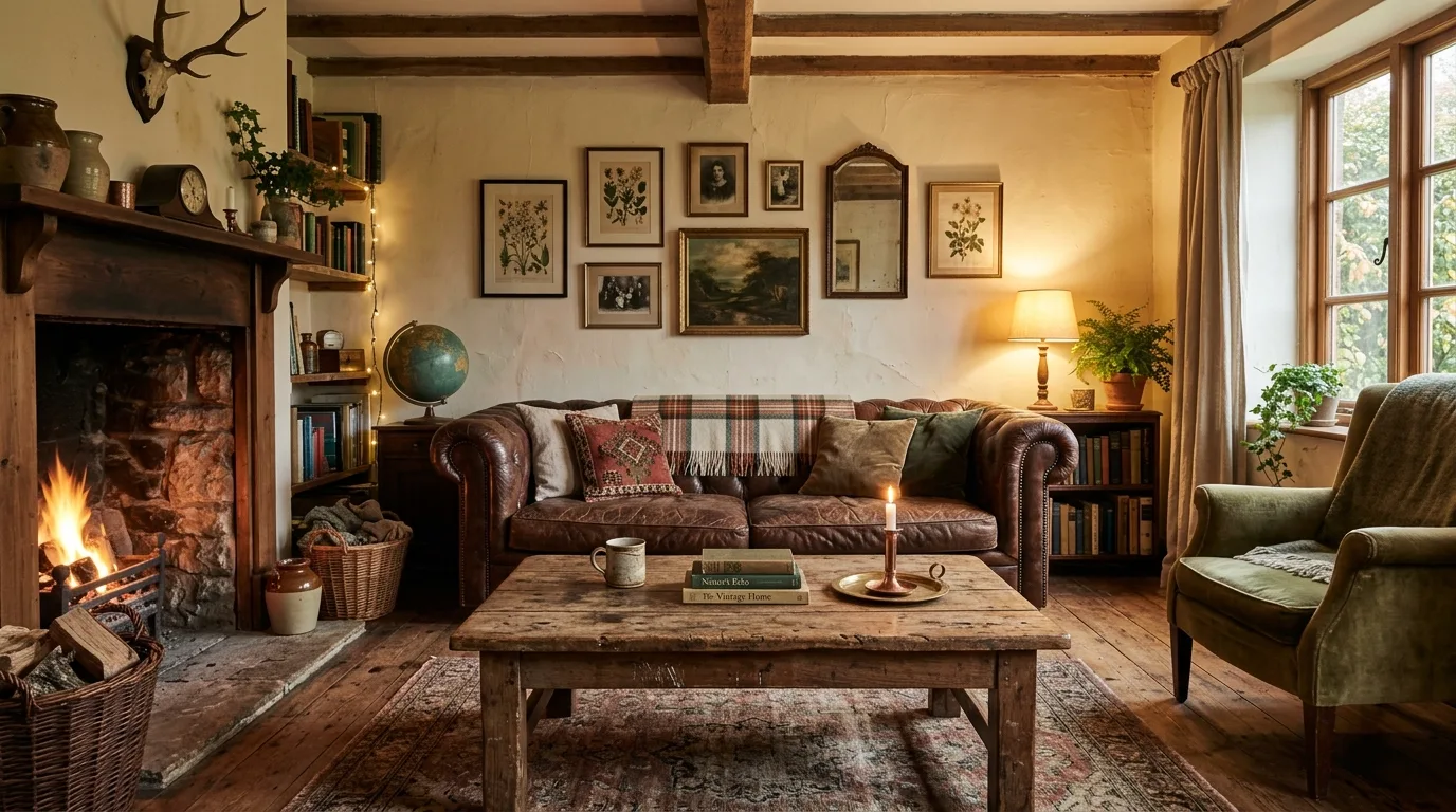 Rustic vintage living room with distressed wood coffee table and worn leather sofa.