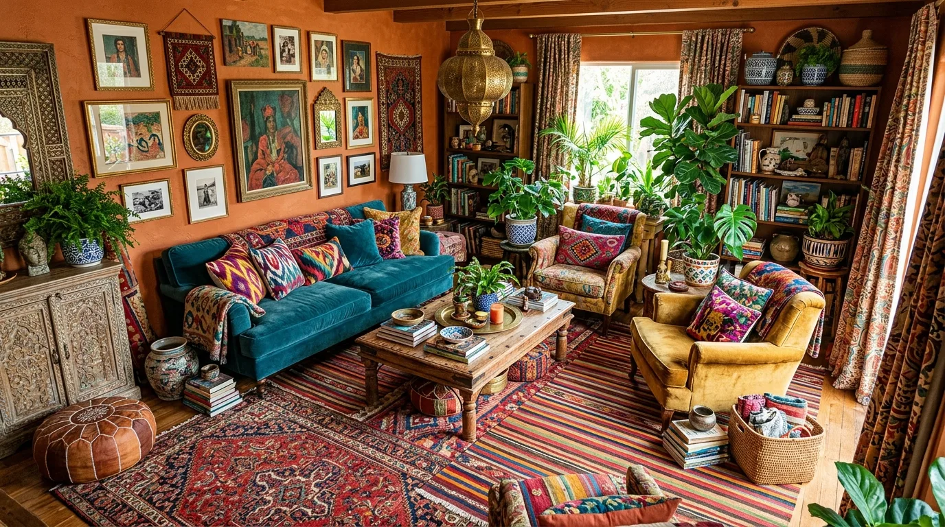 Maximalist eclectic living room with layered rugs, colorful cushions, and global-inspired decor.