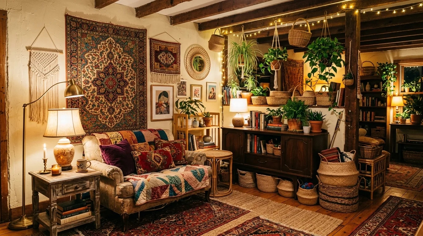 Vintage boho eclectic room with hanging tapestries, woven baskets, and mixed furniture styles.