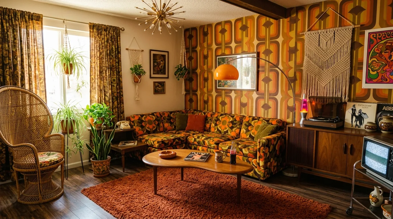 Retro-inspired living room with 70s furniture, bold patterns, and eclectic accessories.