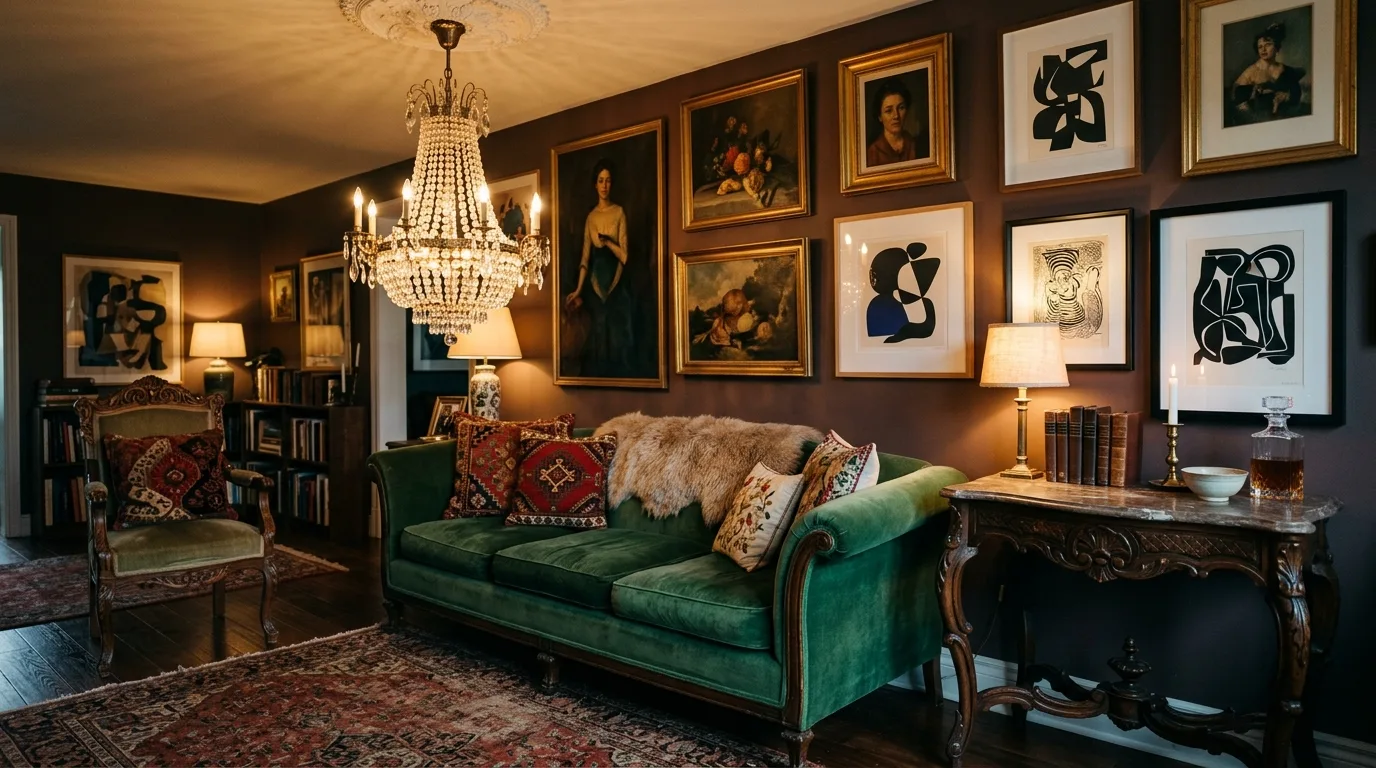 Chic vintage eclectic living space with crystal chandelier, antique side tables, and modern art.