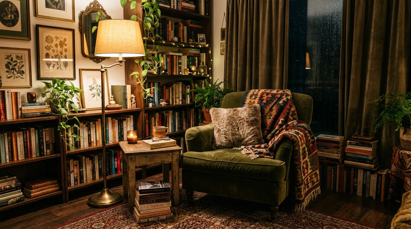 Cozy reading corner in an eclectic living room with armchair, floor lamp, and stacked books.