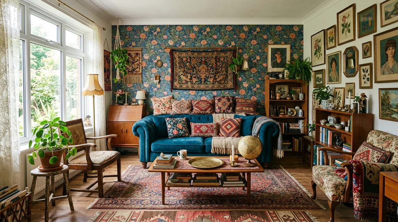 Colorful vintage eclectic living room with layered textiles, patterned wallpaper, and mixed decor styles.