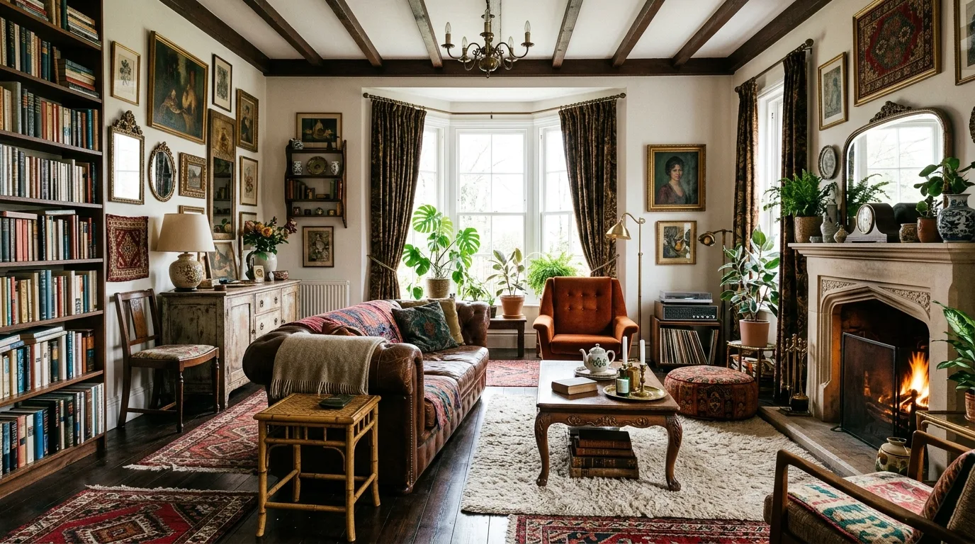 Fully styled vintage eclectic living room showcasing mixed eras, textures, and decor styles.