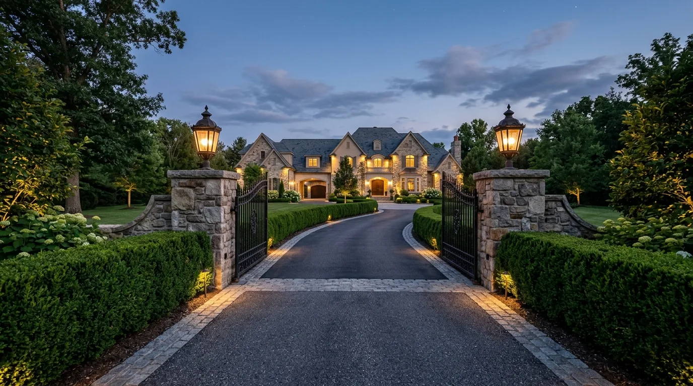 Driveway entrance lined with manicured hedges, stone pillars, and soft landscape lighting.