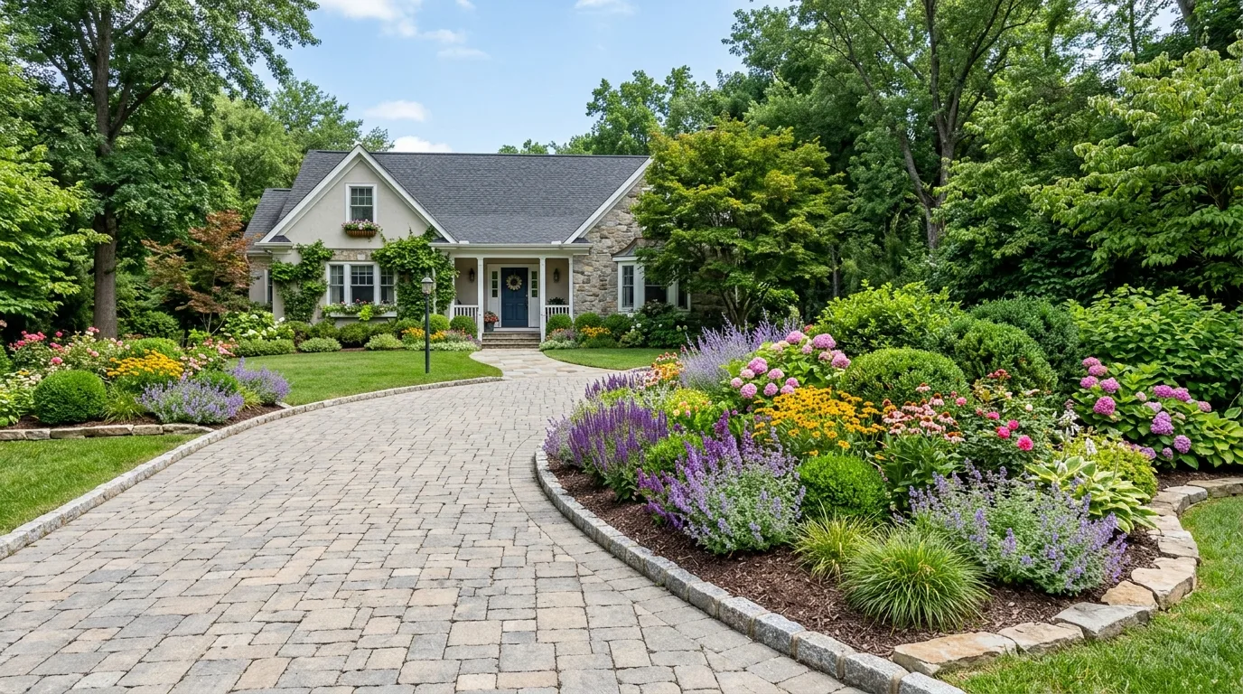 Welcoming driveway with curved garden beds filled with flowers and shrubs.